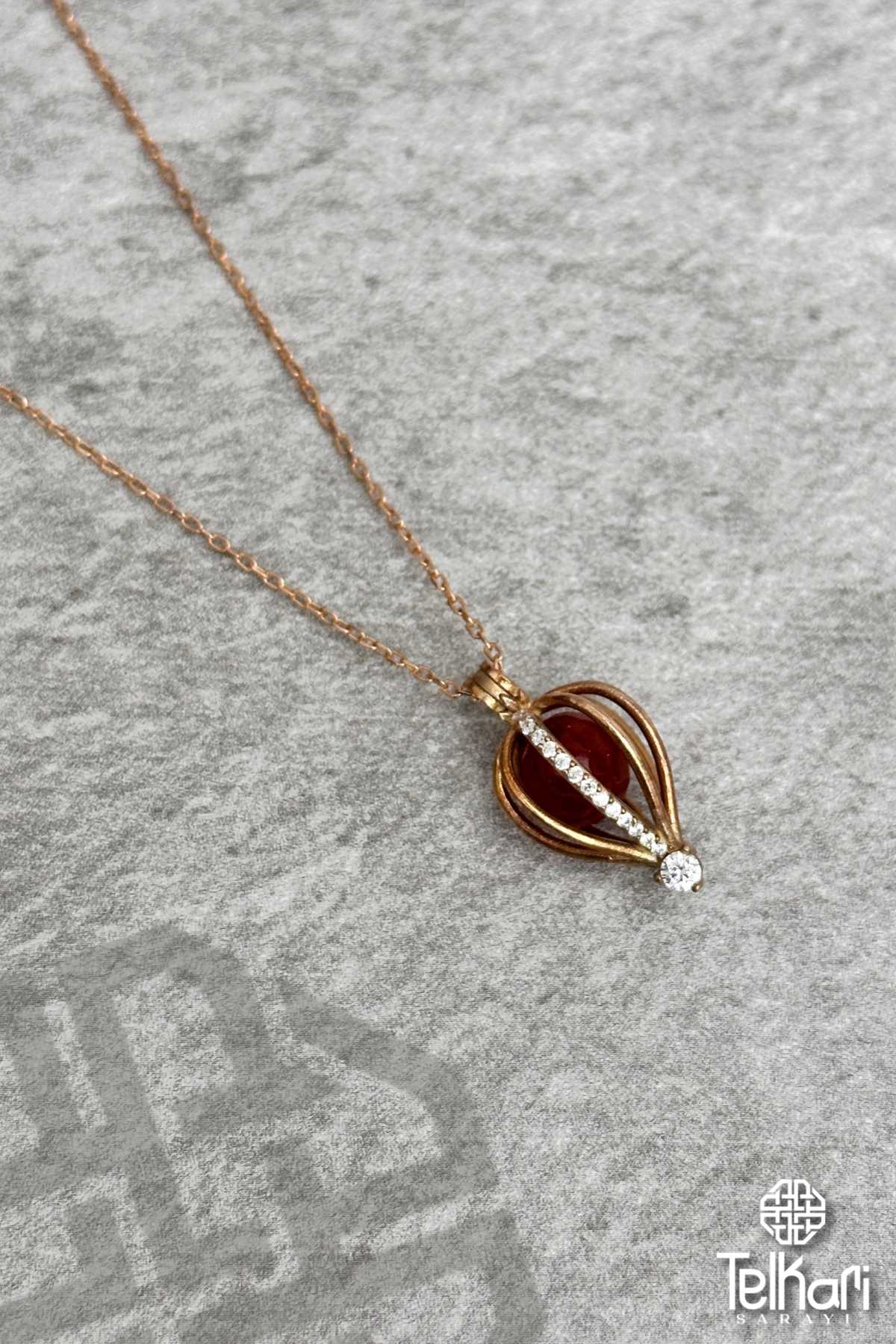 Akik Taşlı Rose Gümüş Kolye