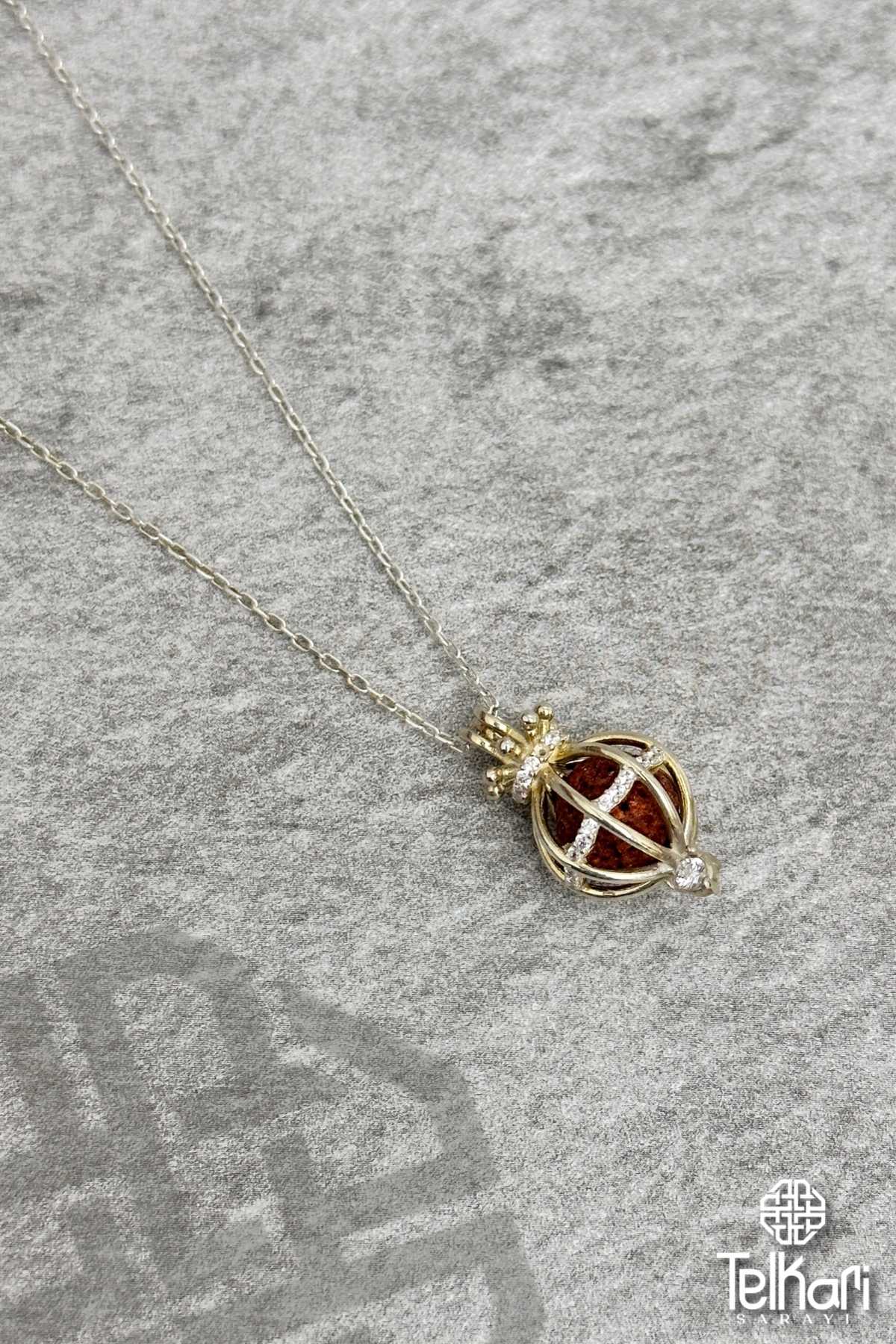 Kafes İçi Lav Taşlı Gümüş Kolye