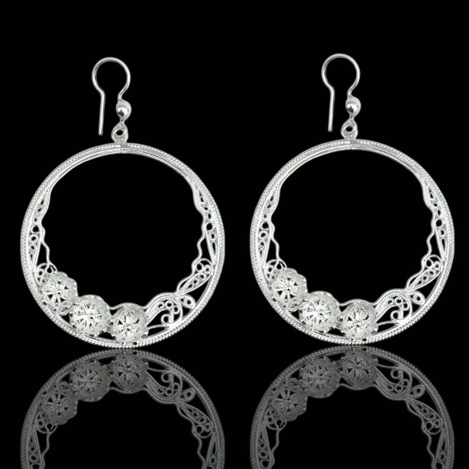 925 Ayar Nilüfer Çiçek Tasarımlı Halka Model Telkari Gümüş Küpe