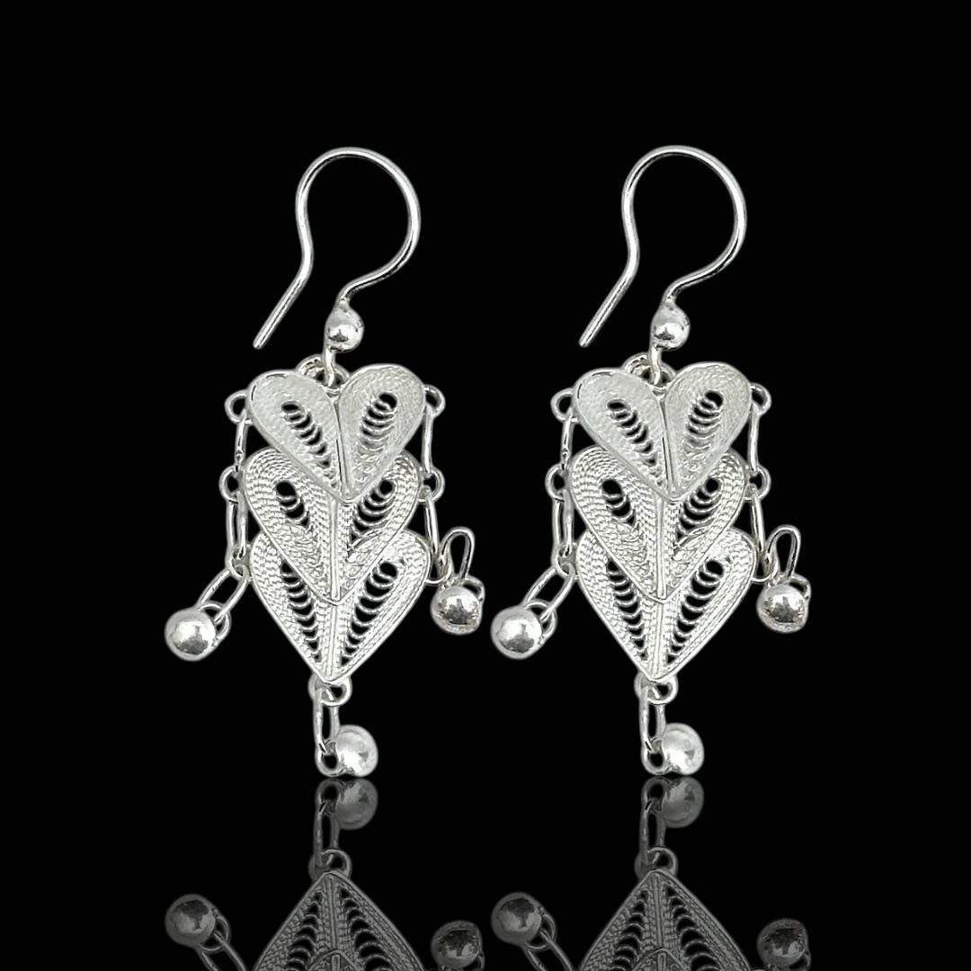 Sallantılı Kalp Tasarımlı 925 Ayar Yöresel Telkari Gümüş Küpe