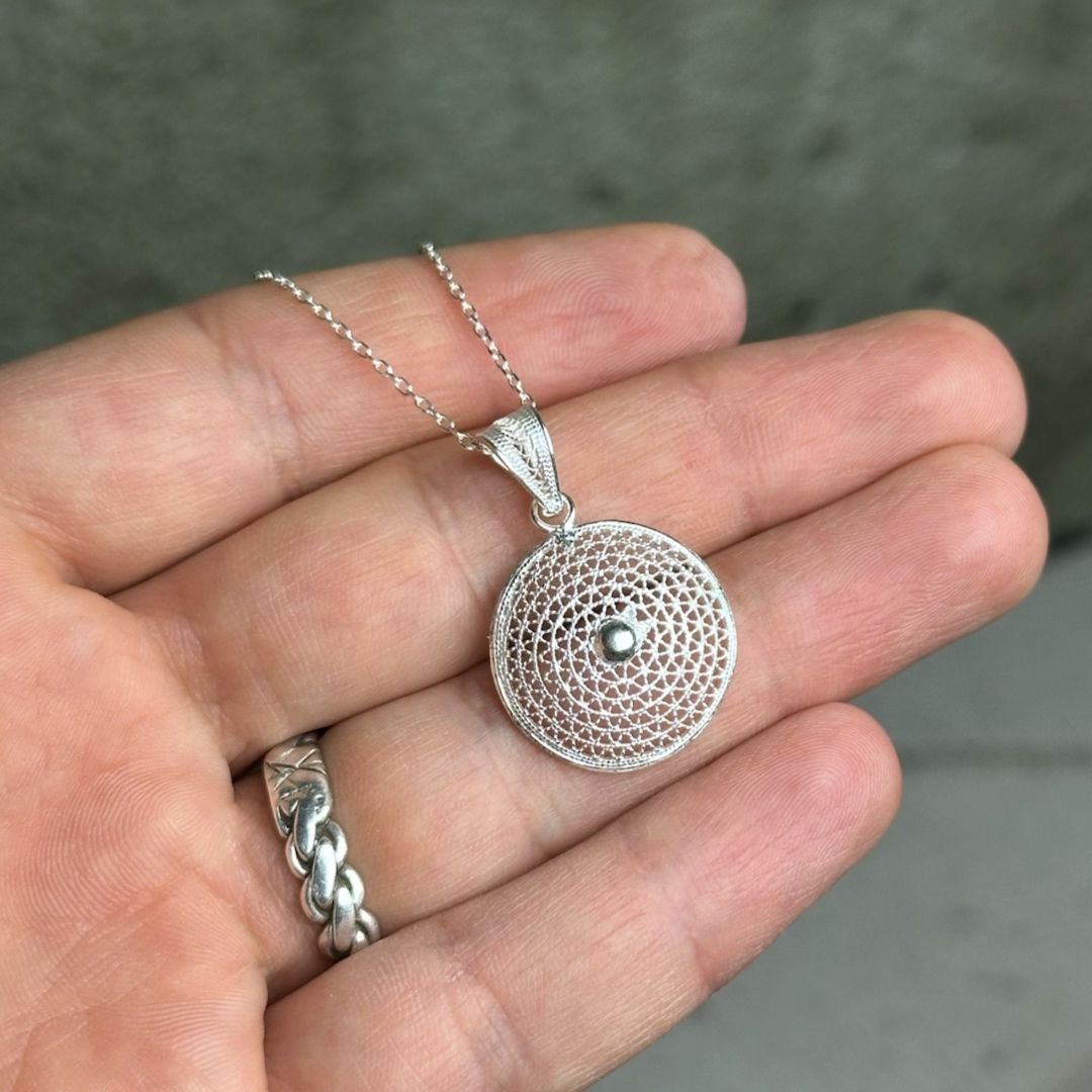 925 Ayar El İşi Yuvarlak Model Telkari Gümüş Kolye