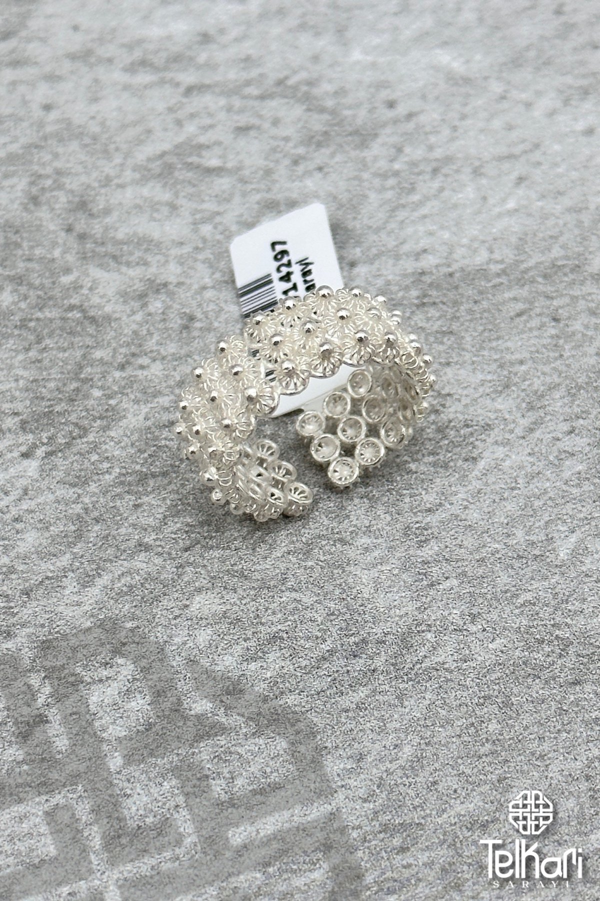 Tam Tur Taş İşlemeli Halka Gümüş Telkari Yüzük