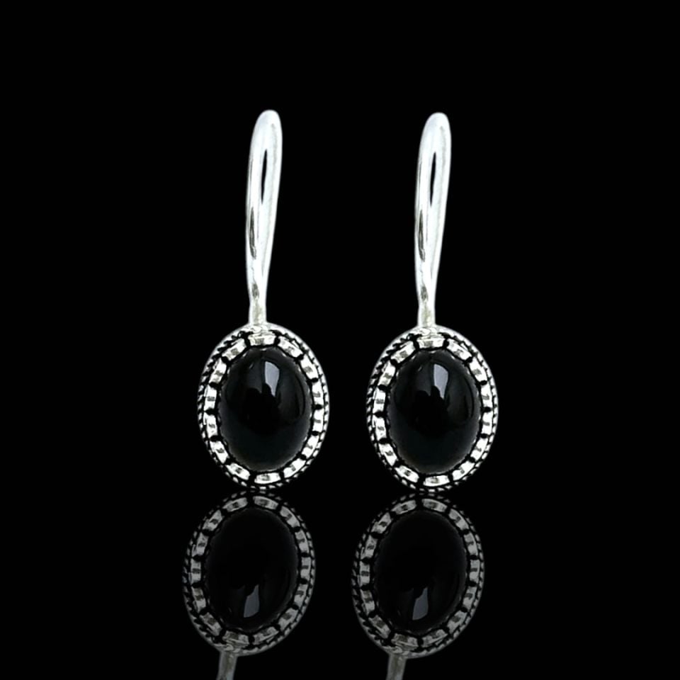 Oniks Taşlı Midyat Hasırı 925 Ayar Gümüş Küpe