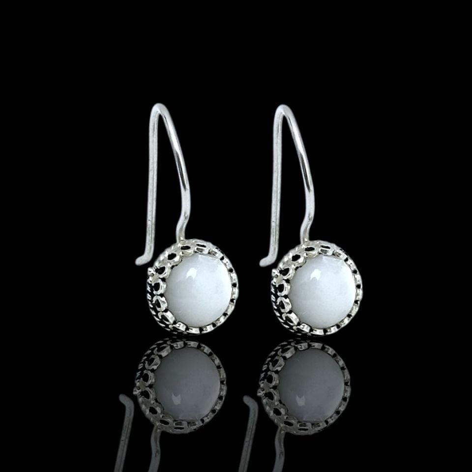 Yuvarlak Sedef Taşlı Midyat Hasırı 925 Ayar Gümüş Küpe