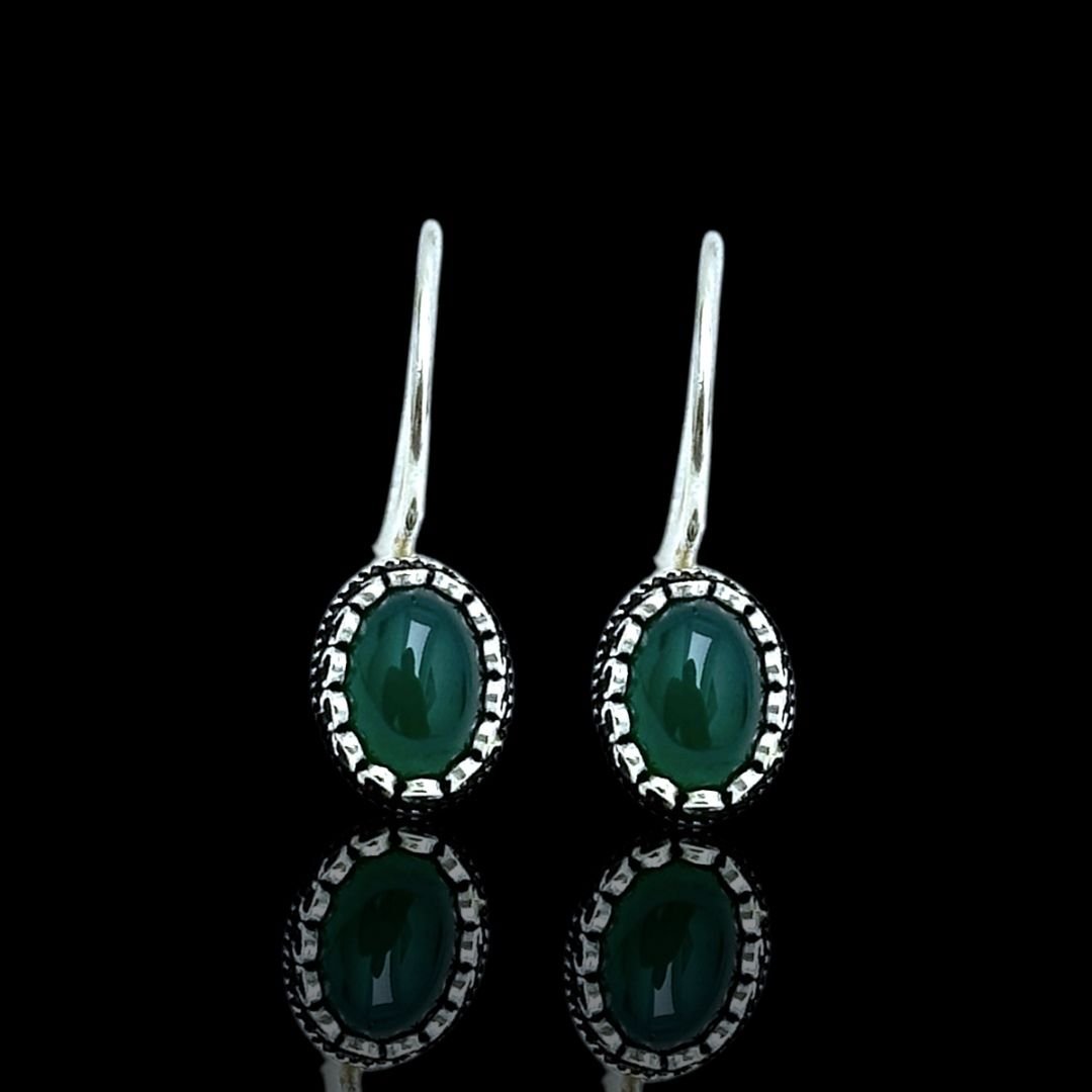 Yeşim Taşlı 925 Ayar Oval Midyat Hasırı Gümüş Küpe