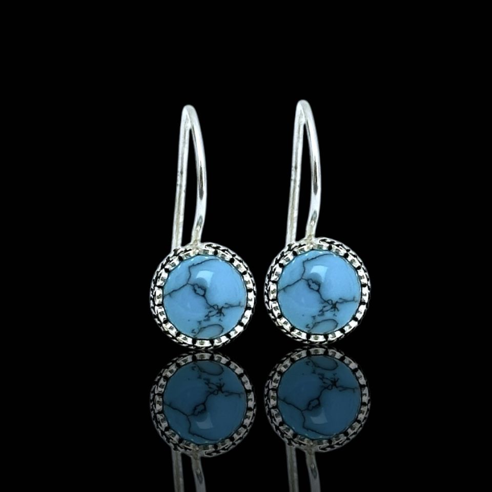 925 Ayar Yuvarlak Firuze Taşlı Midyat Hasırı Gümüş Küpe