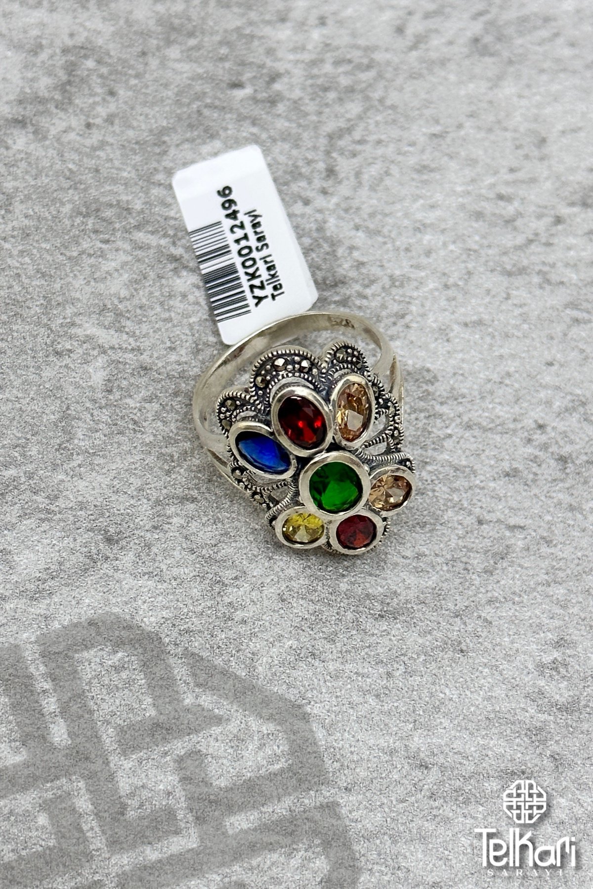 Renkli Doğal Taşlı Gümüş Markazit Yüzük