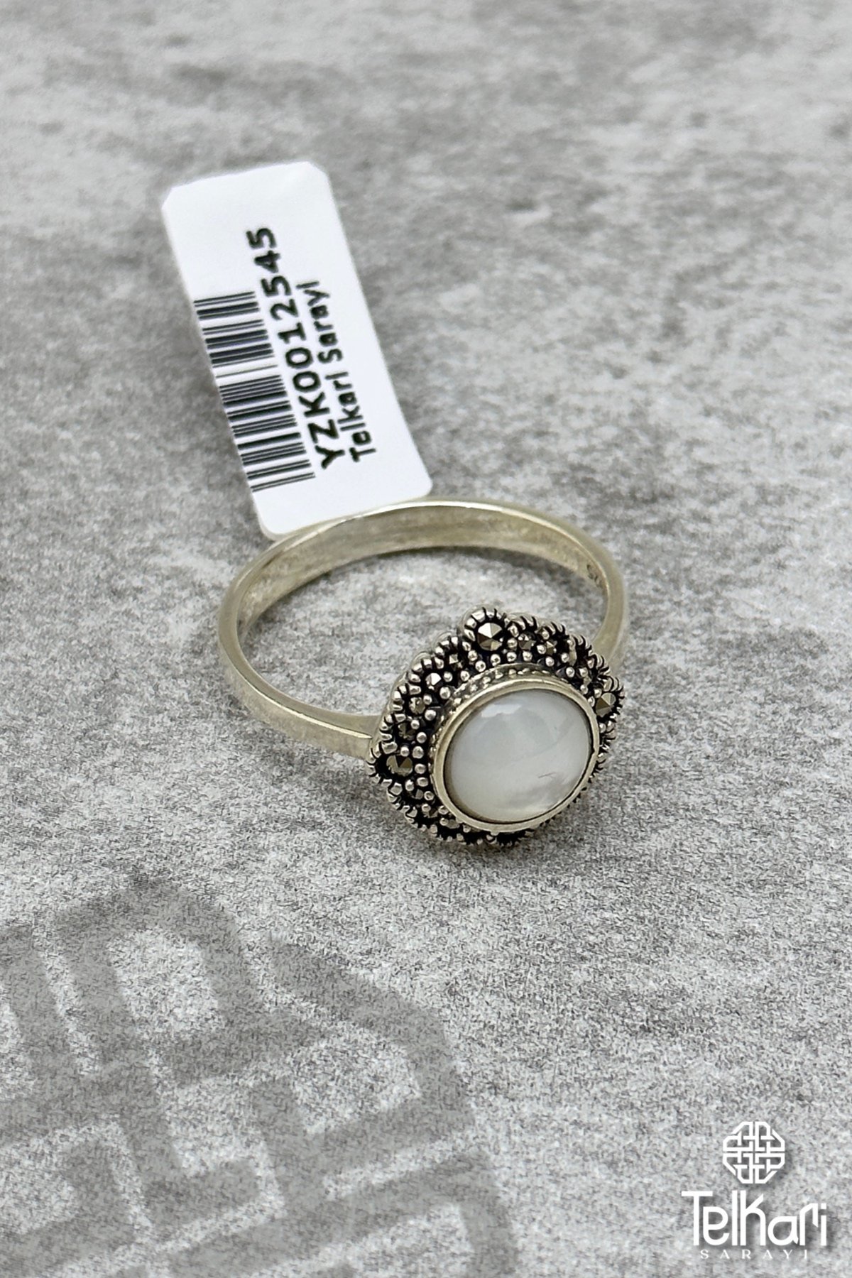 Sedef Taşlı Gümüş Markazit Yüzük