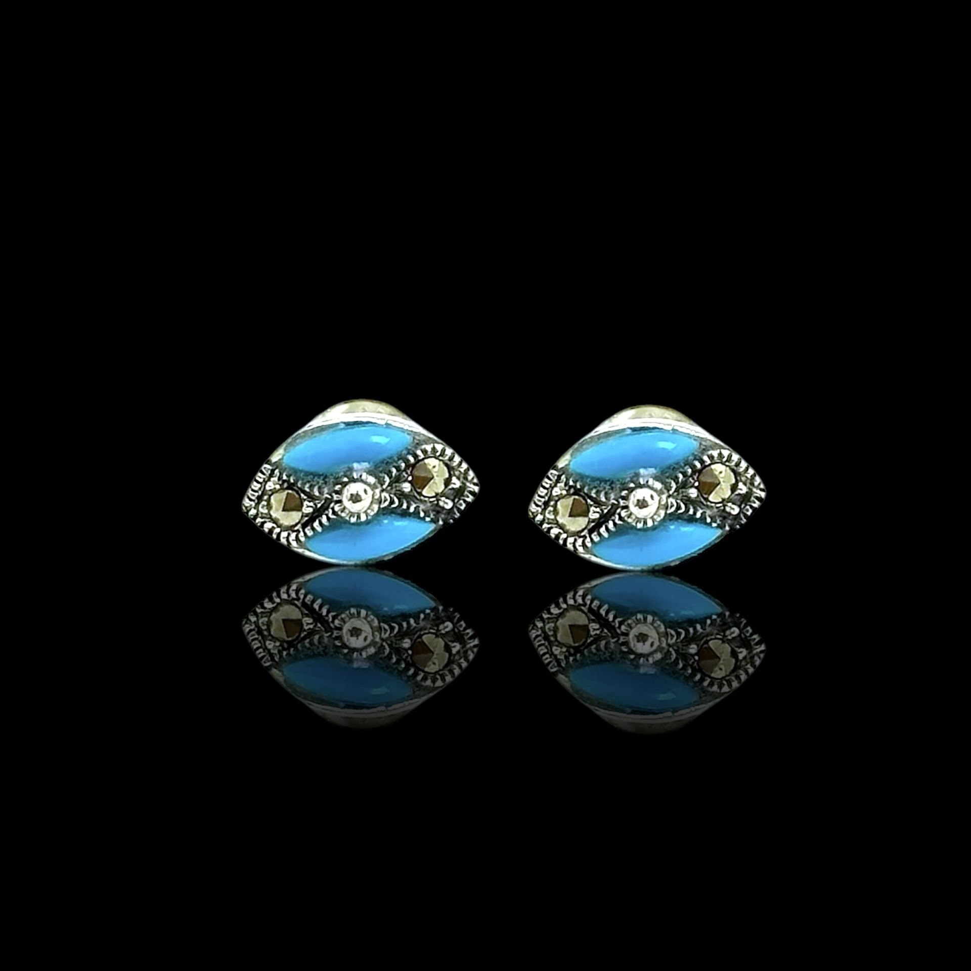 925 Ayar Gümüş Mavi Renkli Firuze Taşı Markazit Küpe