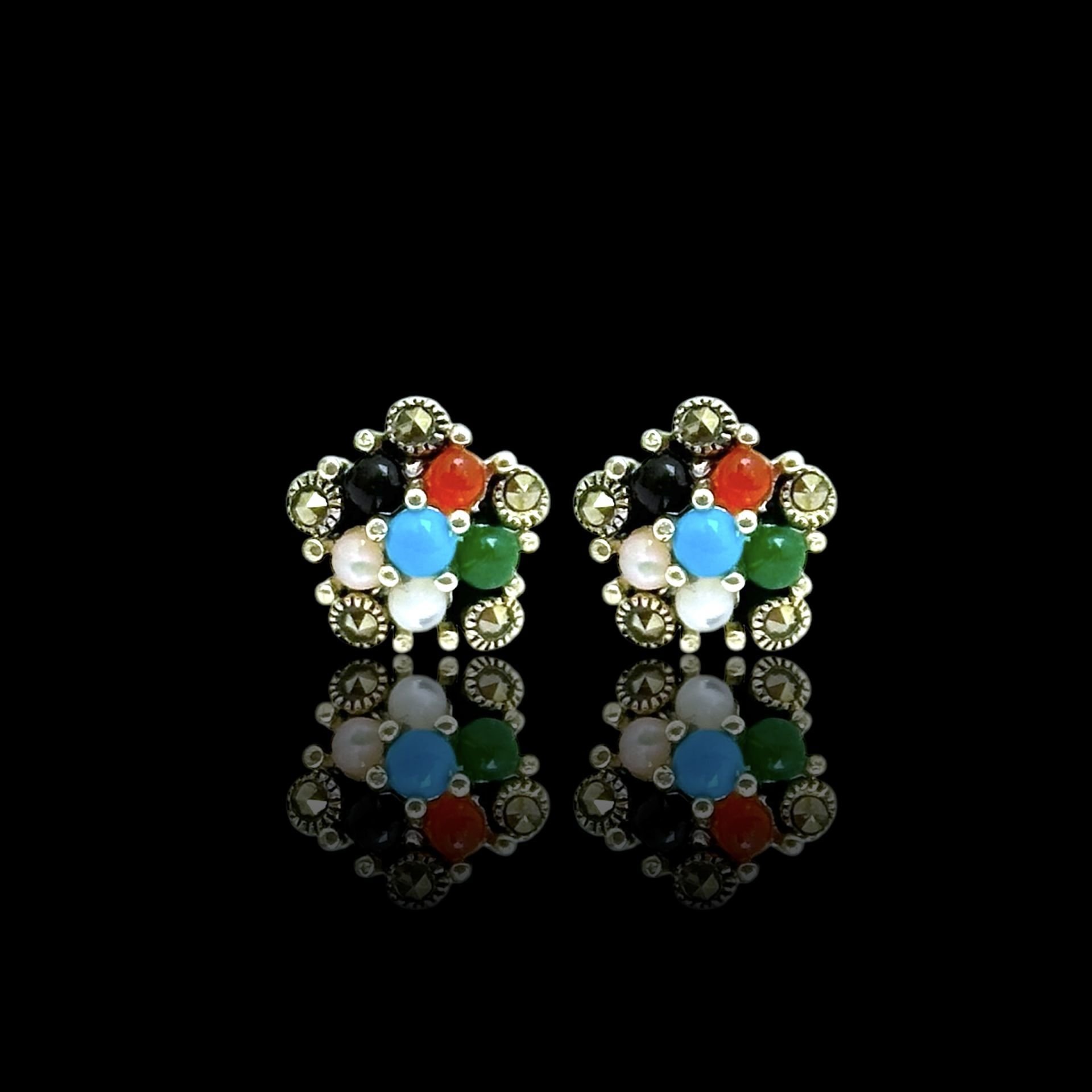 Gümüş Çok Renkli Papatya Tasarım Markazit Küpe