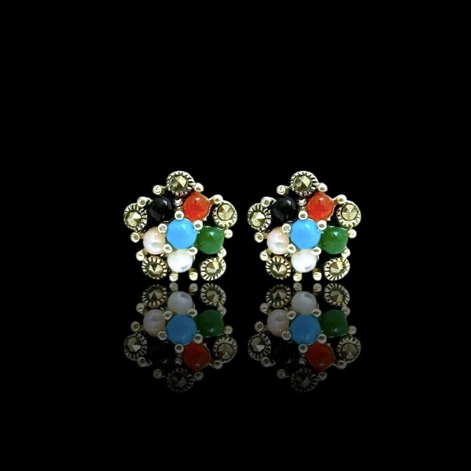 Karışık Doğal Taşlı Gümüş Çok Renkli Papatya Tasarım Markazit Küpe