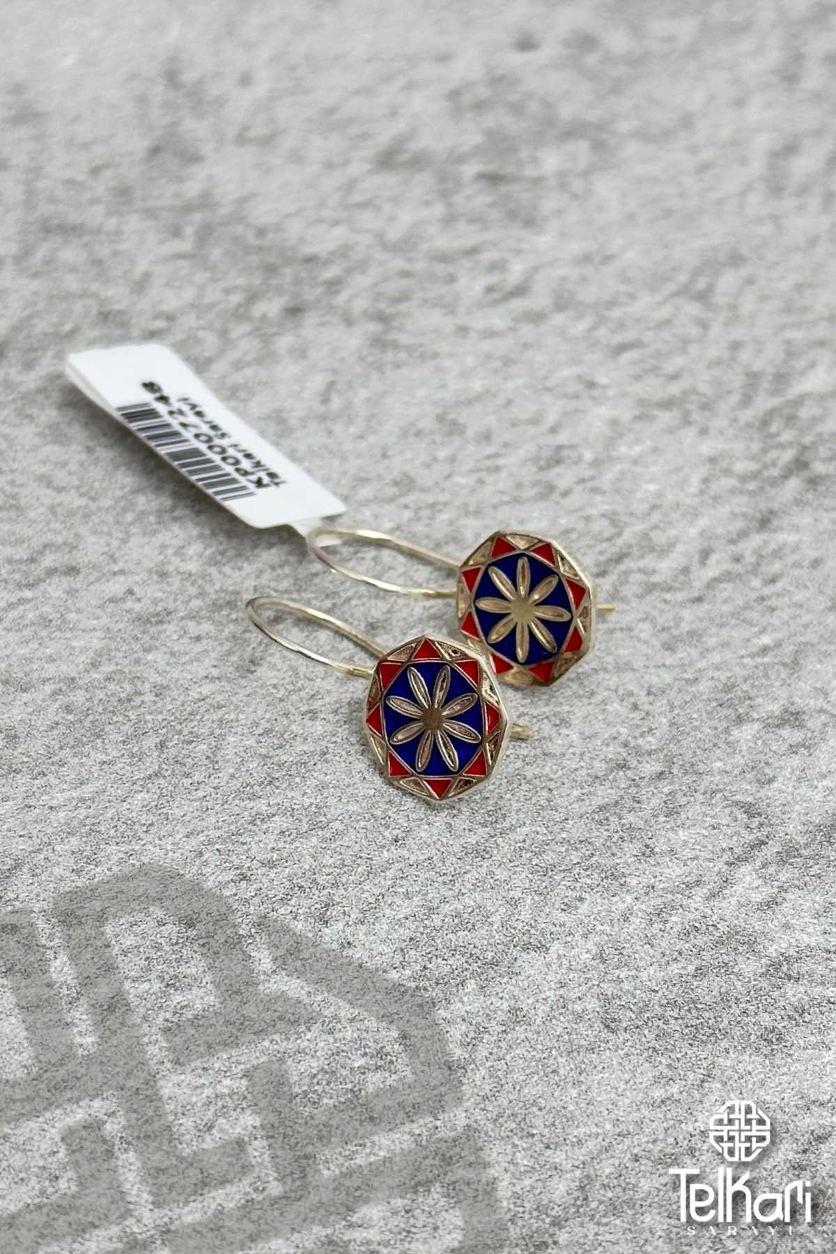 Papatya Motifli Mine İşlemeli Midyat Hasırı Gümüş Küpe