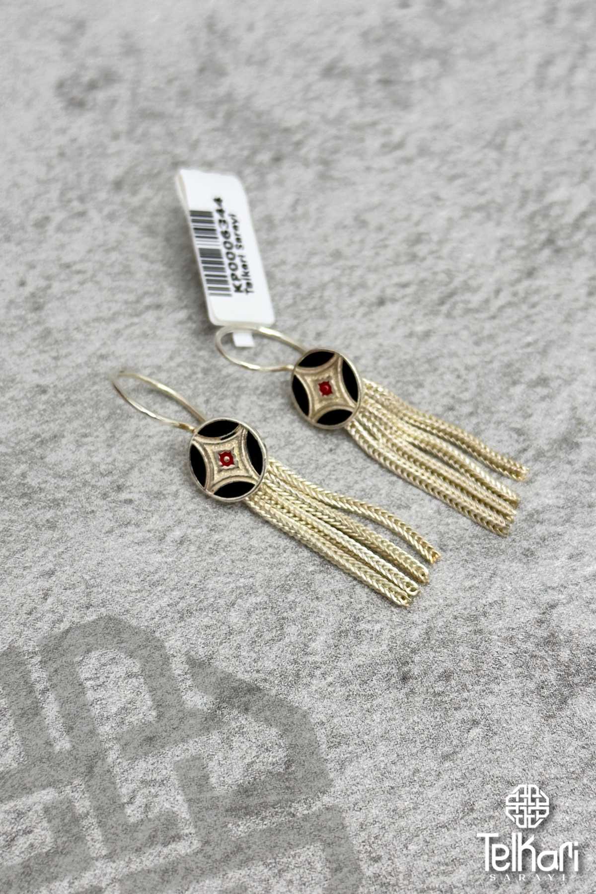 Püsküllü Mine İşlemeli Midyat Hasırı Gümüş Küpe