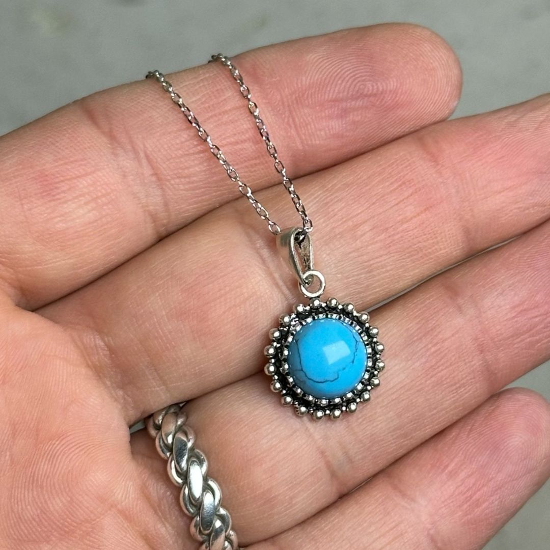 Firuze Taşlı Midyat Hasırı Gümüş Kolye