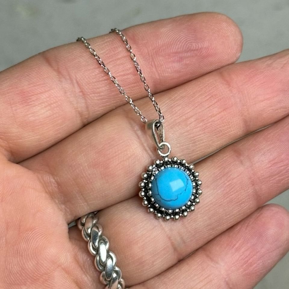 Firuze Taşlı Midyat Hasırı Gümüş Kolye