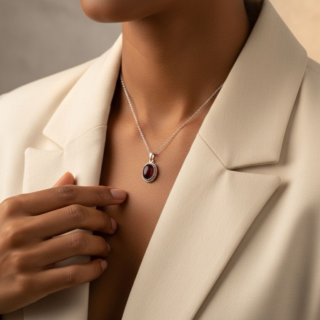 Oval Akik Taşlı Gümüş Kolye