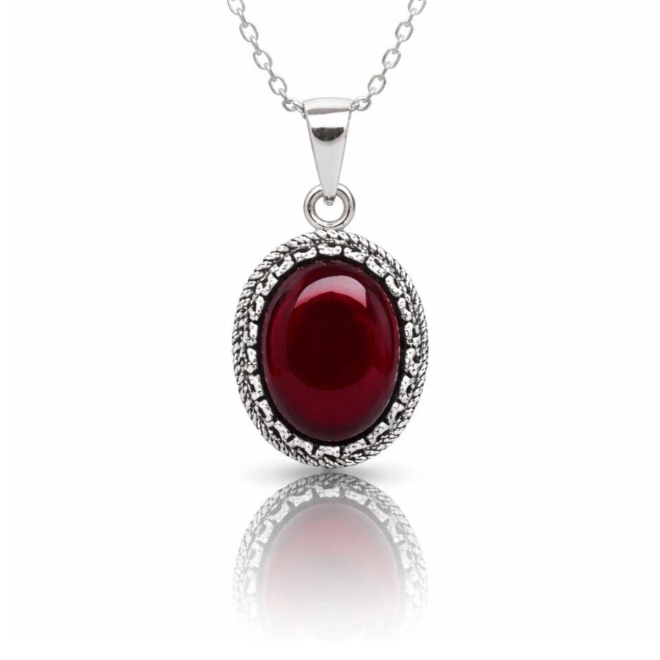Oval Akik Taşlı Gümüş Kolye