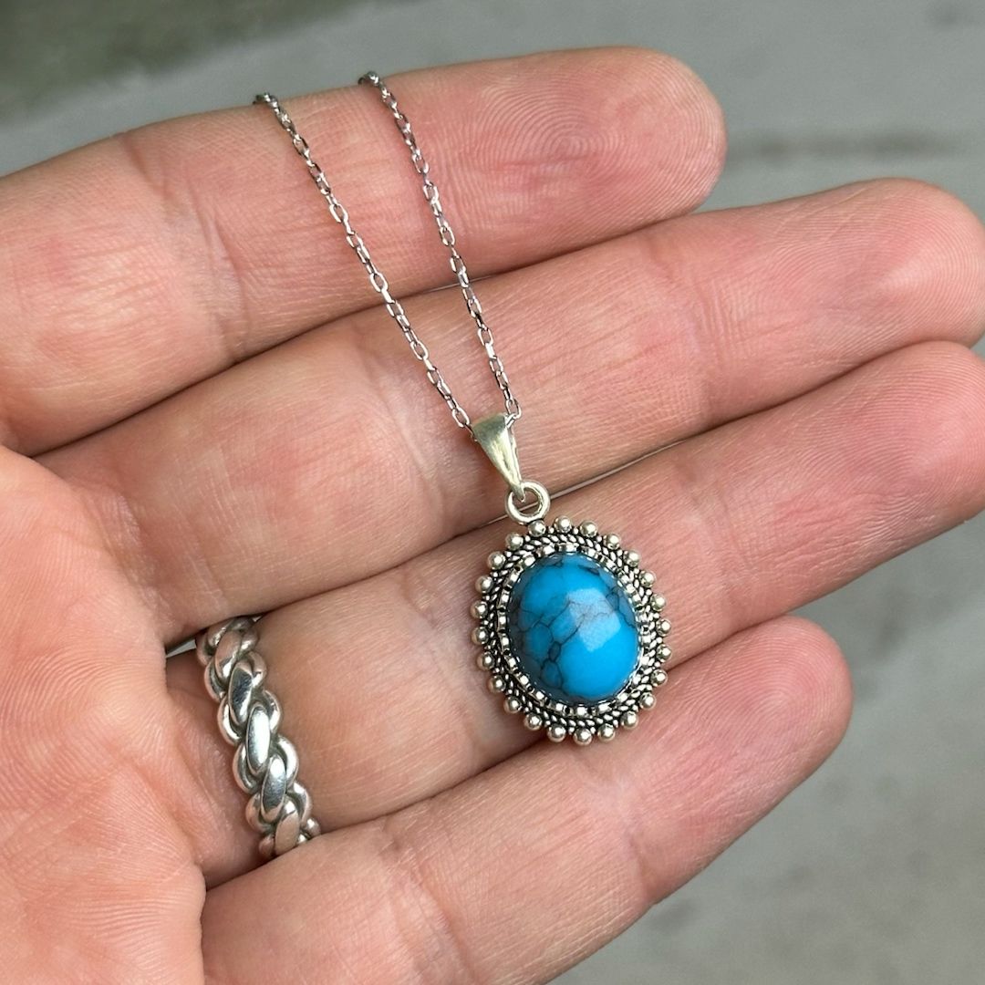 Damarlı Firuze Taşlı Midyat Hasırı Gümüş Kolye