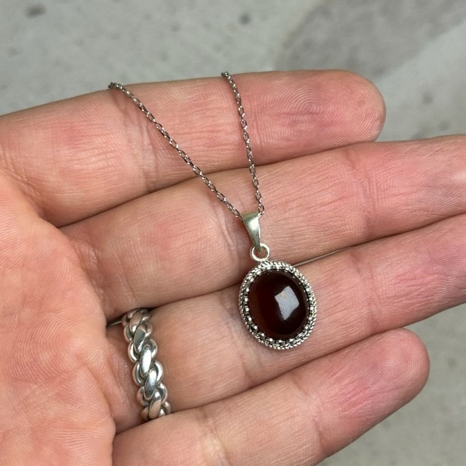 Akik Taşlı Midyat Hasırı Gümüş Kolye