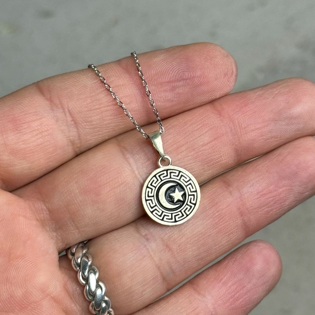 Mine İşleme Ay Yıldızlı Midyat Hasırı Gümüş Kolye
