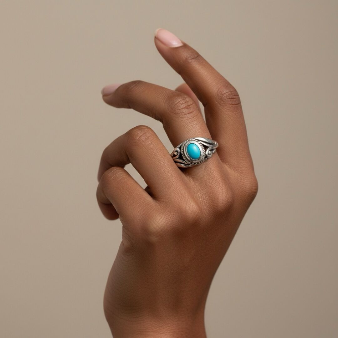 Oval Turkuaz Taşlı Gümüş Kadın Yüzük