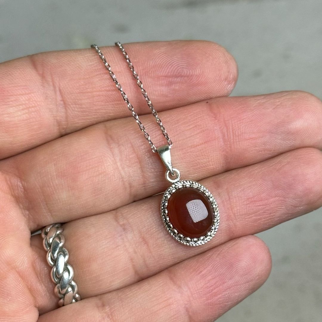 Akik Taşlı Midyat Hasırı Gümüş Kolye