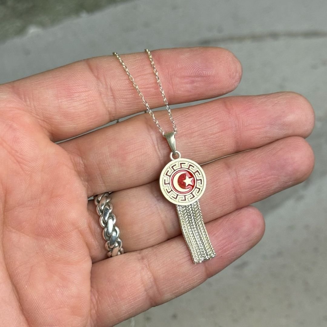 Sallantılı Ay Yıldızlı Midyat Hasır Gümüş Kolye