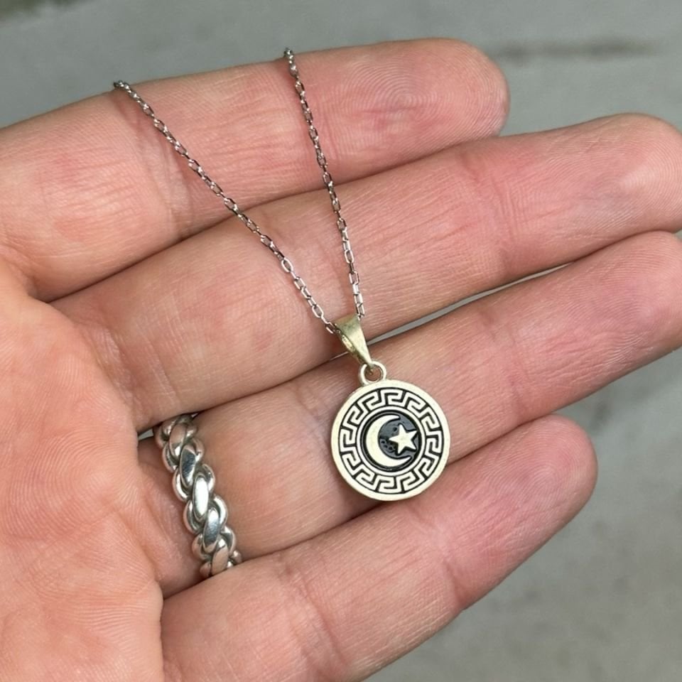 Ay Yıldızlı Midyat Hasırı Gümüş Kolye