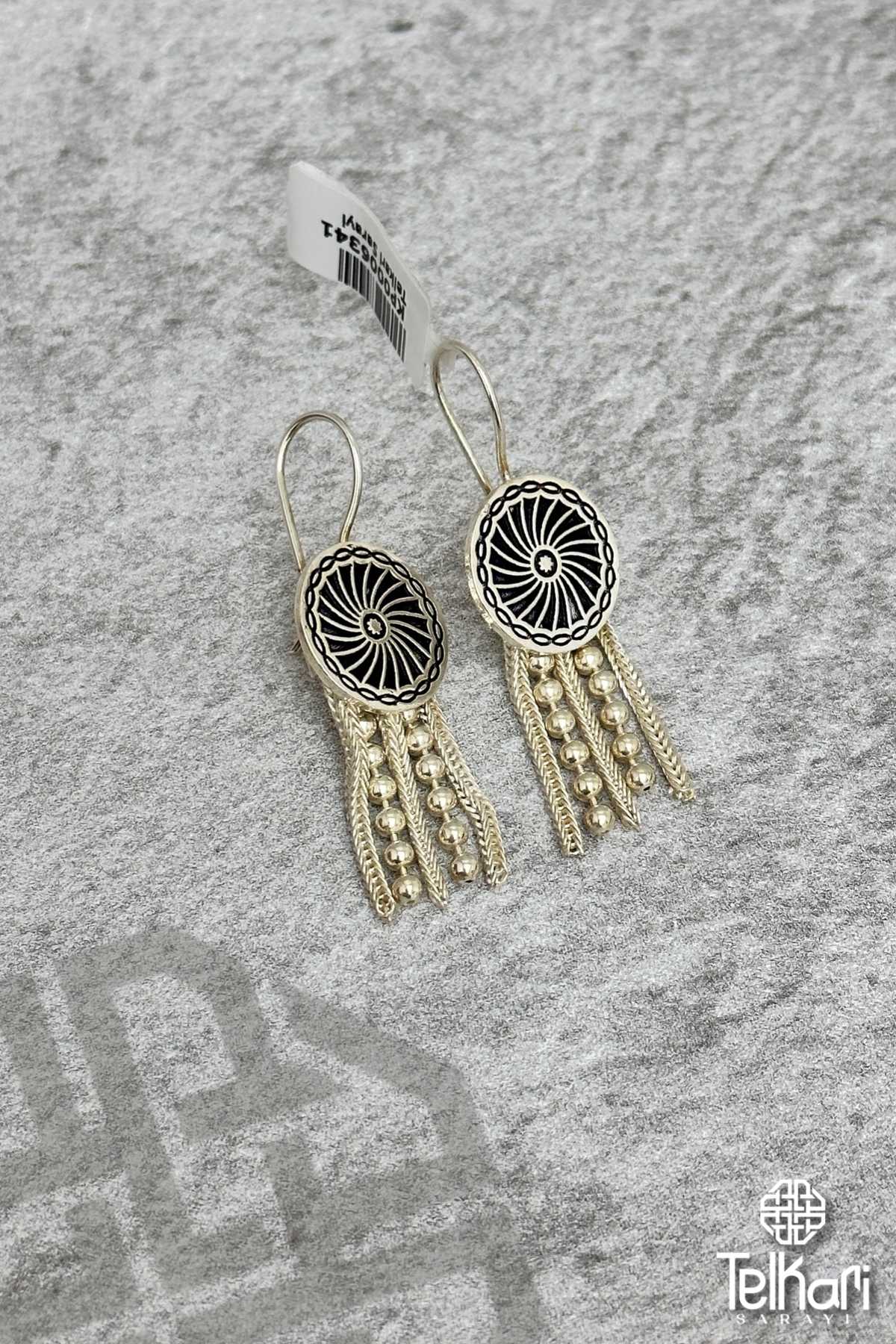 Püsküllü Motifli Mine İşlemeli Midyat Hasırı Gümüş Küpe