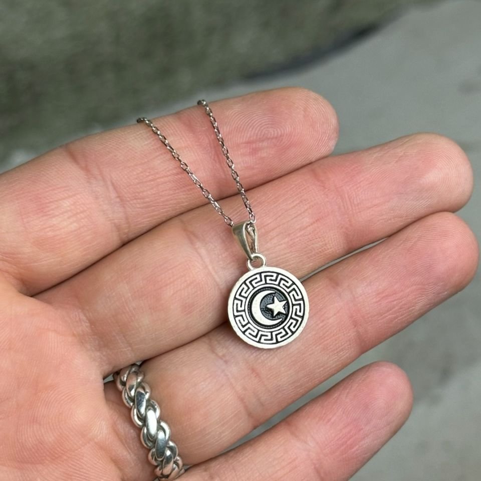 Mine İşleme Ay Yıldız Midyat Hasırı Gümüş Kolye