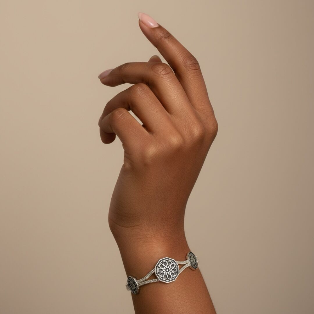 Selçuklu Yıldızı Motifli Midyat Hasırı Kadın Gümüş Bileklik