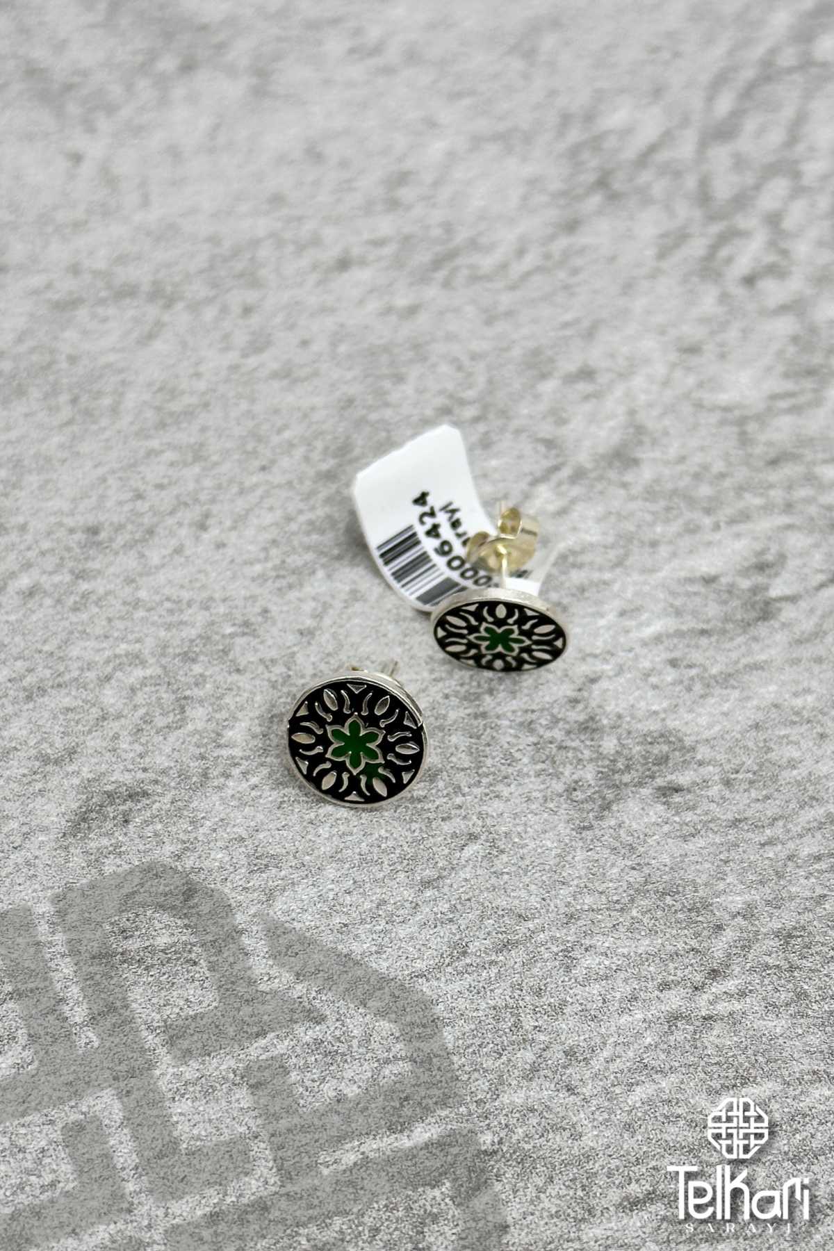 Çiçek Motifli Mine İşlemeli Midyat Hasırı Gümüş Küpe