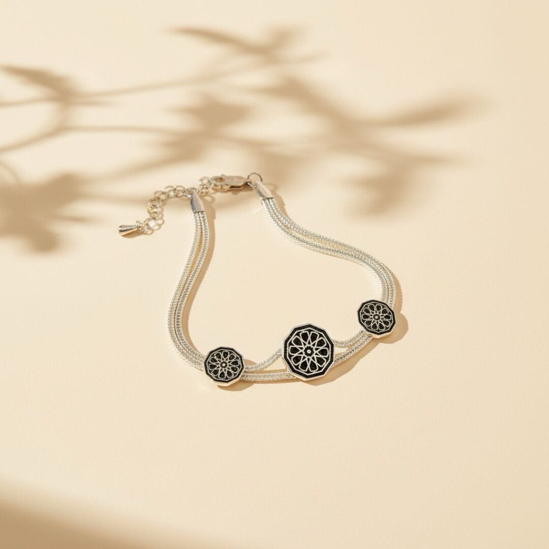 Selçuklu Yıldızı Motifli Midyat Hasırı Kadın Gümüş Bileklik