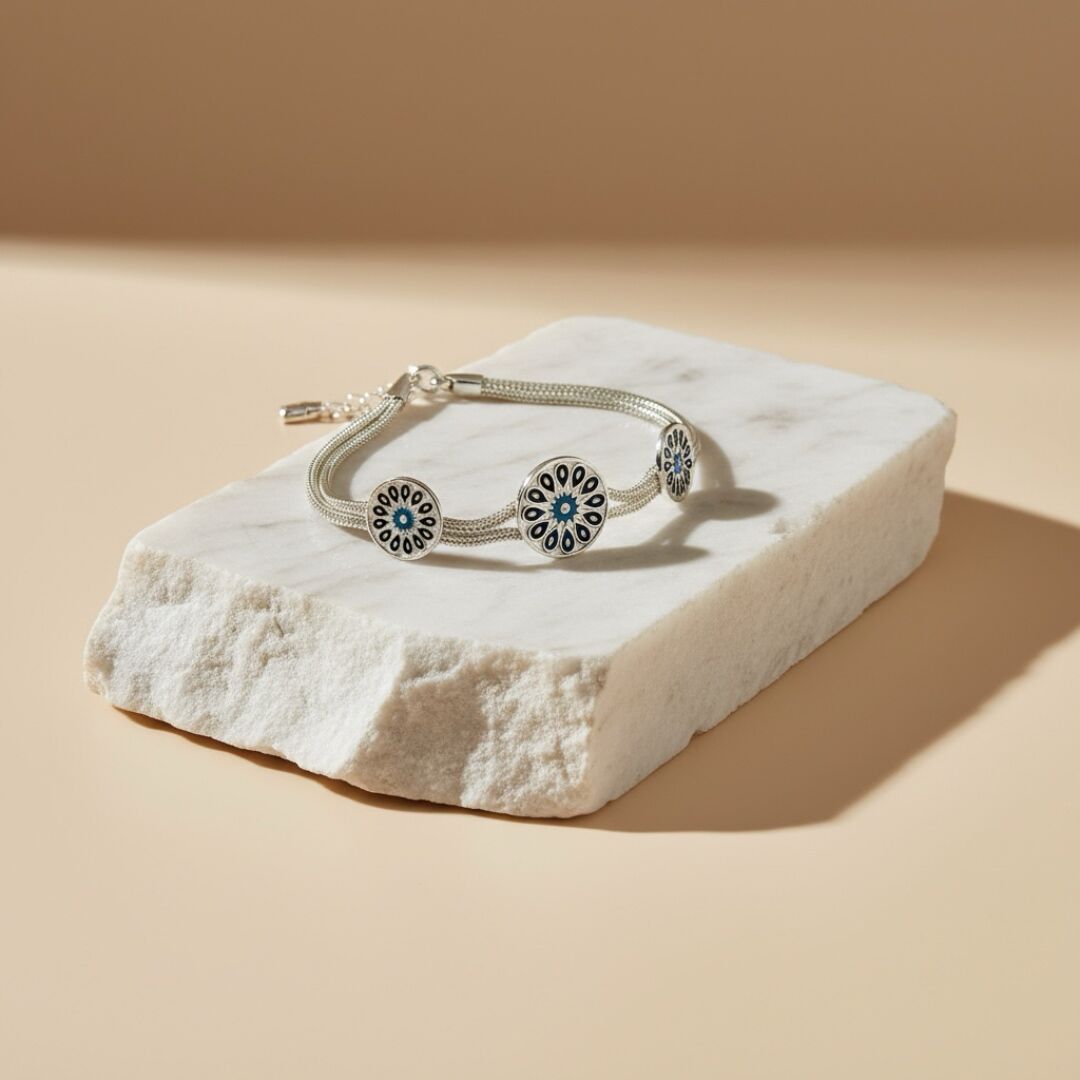 Güneş Motifli Mineli Midyat Hasırı Kadın Gümüş Bileklik