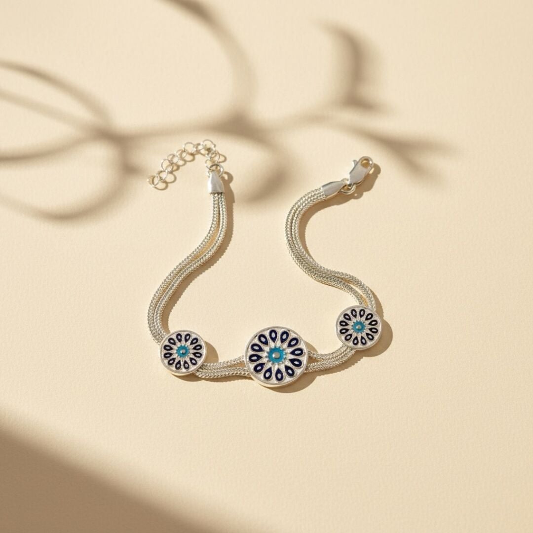 Güneş Motifli Mineli Midyat Hasırı Kadın Gümüş Bileklik