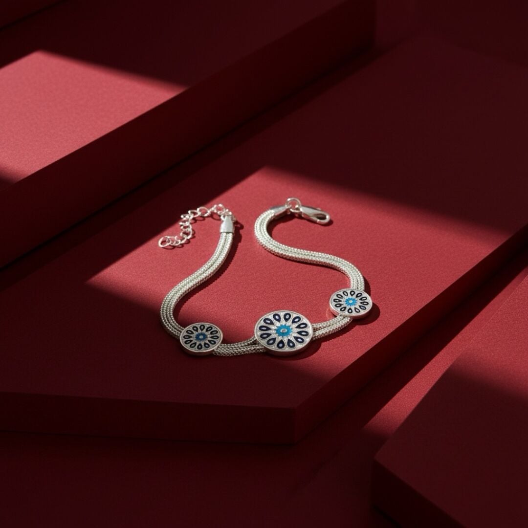 Güneş Motifli Mineli Midyat Hasırı Kadın Gümüş Bileklik