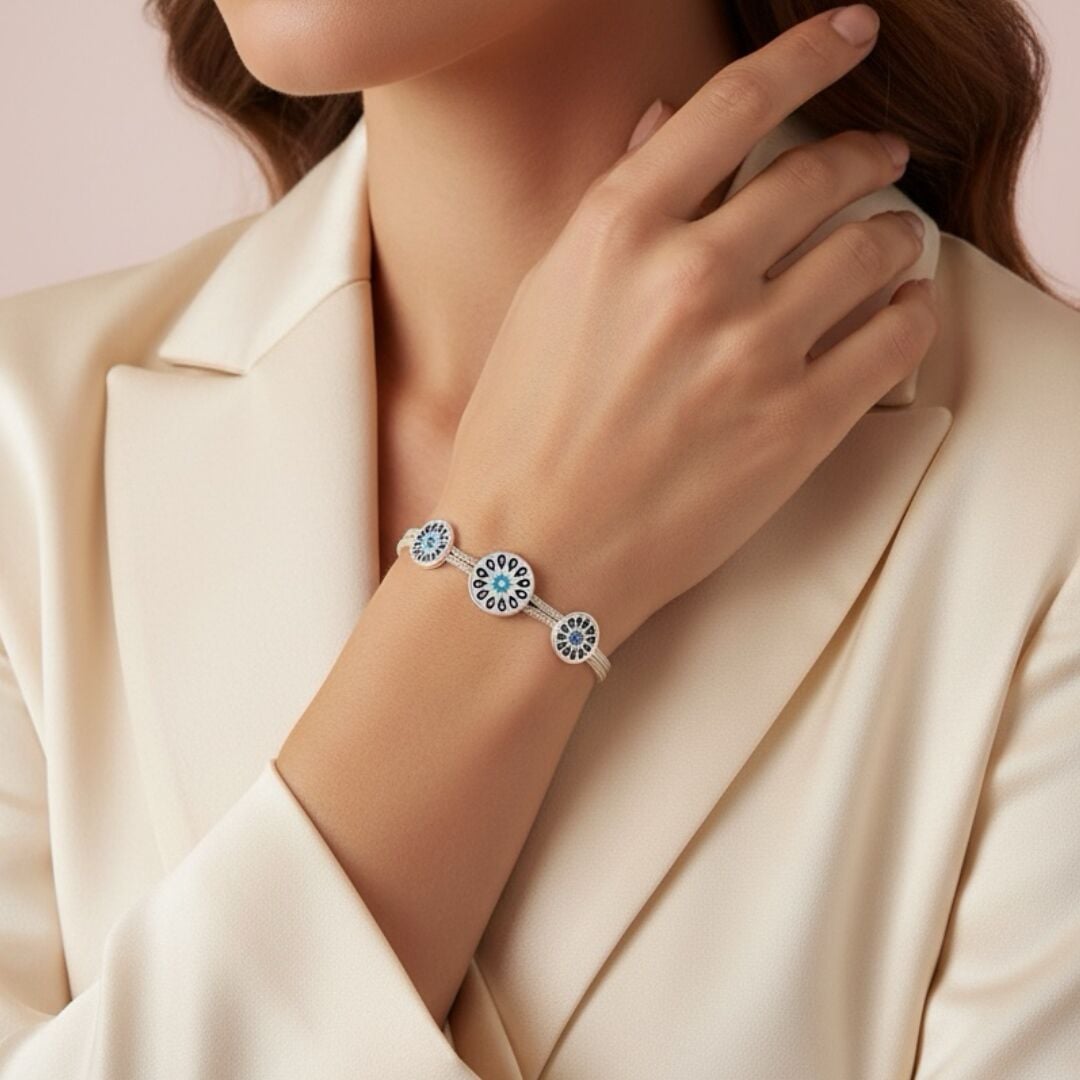 Güneş Motifli Mineli Midyat Hasırı Kadın Gümüş Bileklik