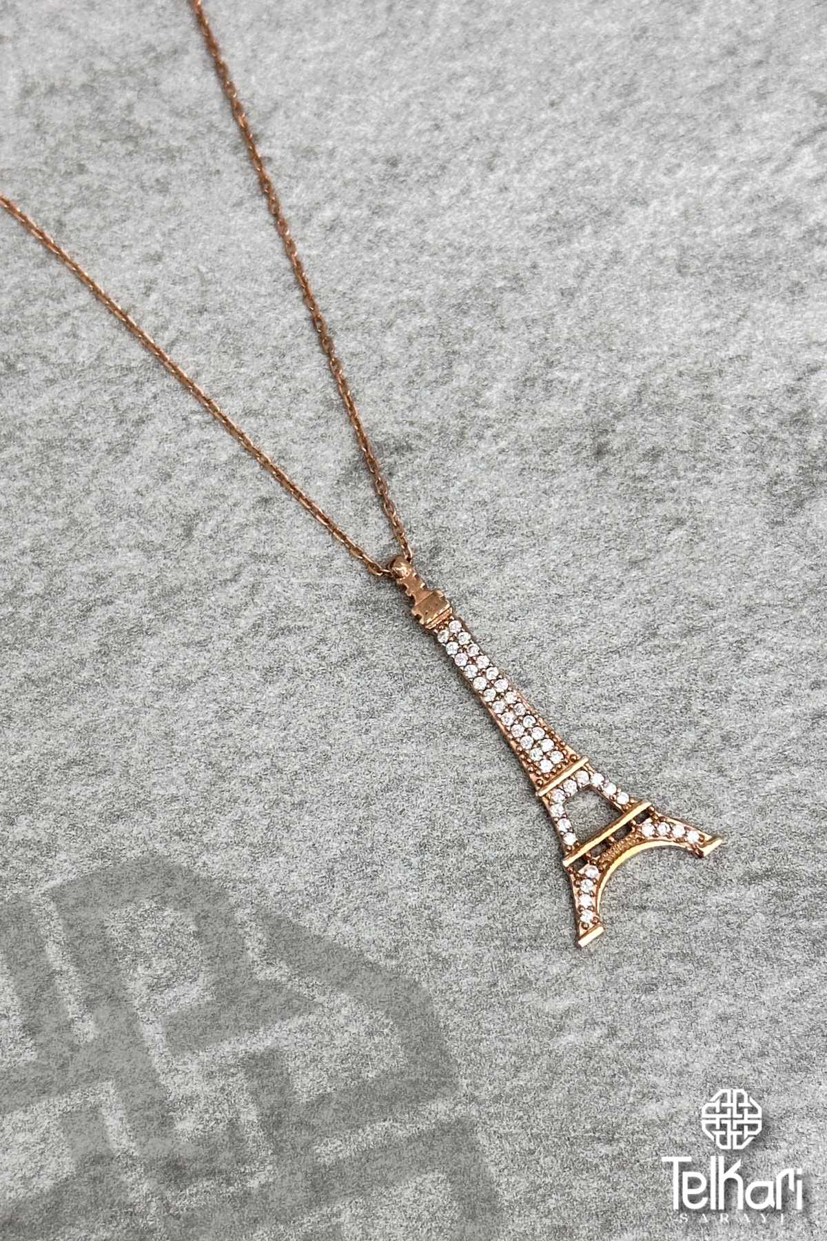 Eiffel Tower Taşlı Rose Gümüş Kolye