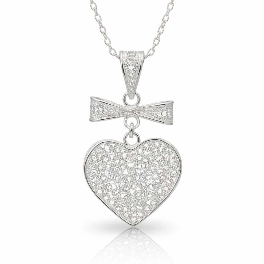 Kalp ve Kurdele Desenli Telkari Gümüş Kolye