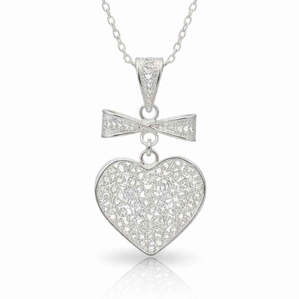 Kalp ve Kurdele Desenli Telkari Gümüş Kolye