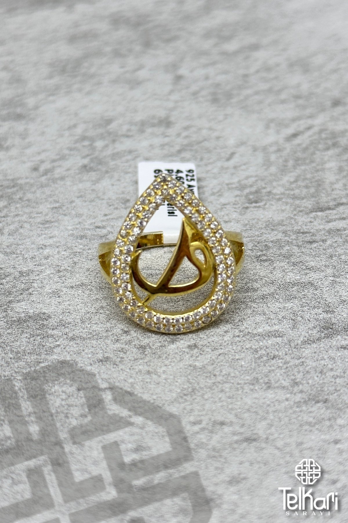 Elif Vav Baskılı Damla Model Gold Gümüş Yüzük