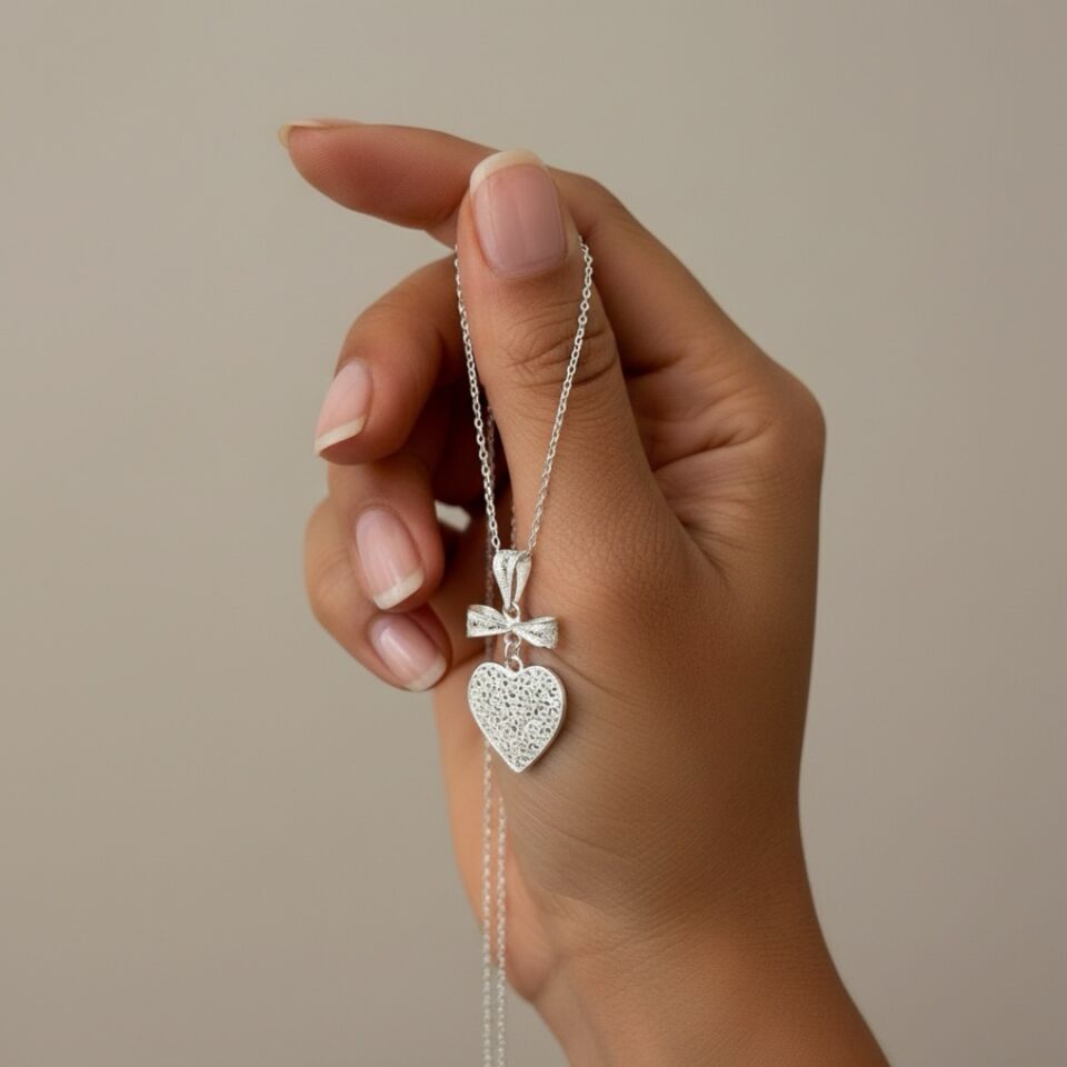 Kalp ve Kurdele Desenli Telkari Gümüş Kolye