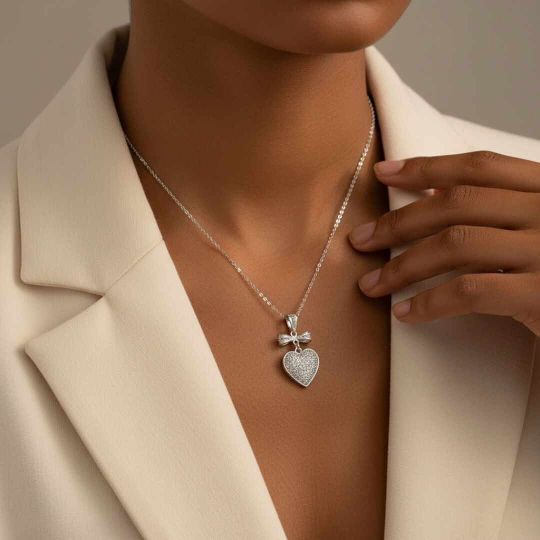 Kalp ve Kurdele Desenli Telkari Gümüş Kolye