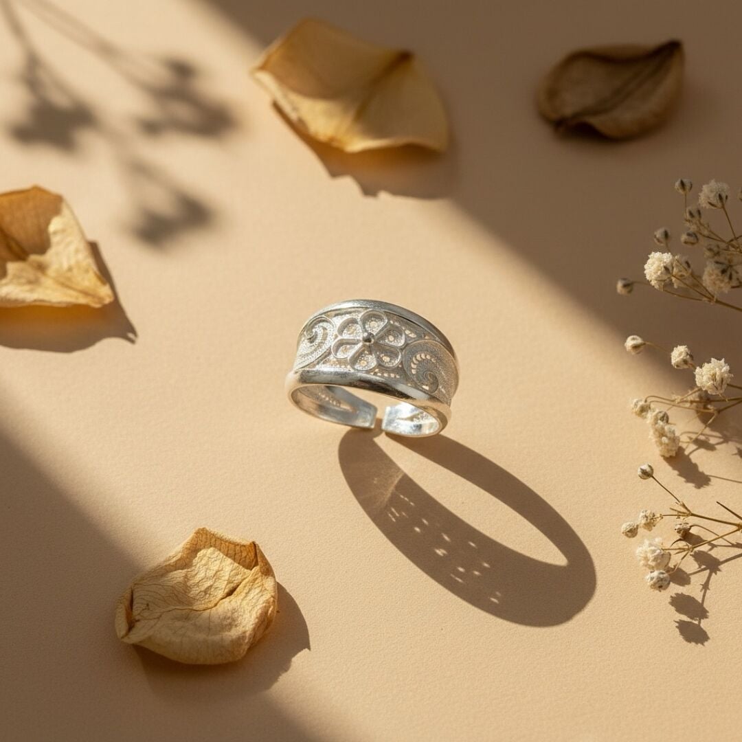 Çiçek Desenli Telkari Elişi Gümüş Yüzük