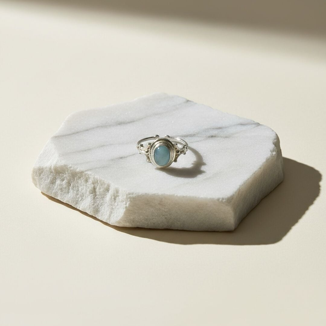 Doğal Akuamarin Taşlı Gümüş Yüzük