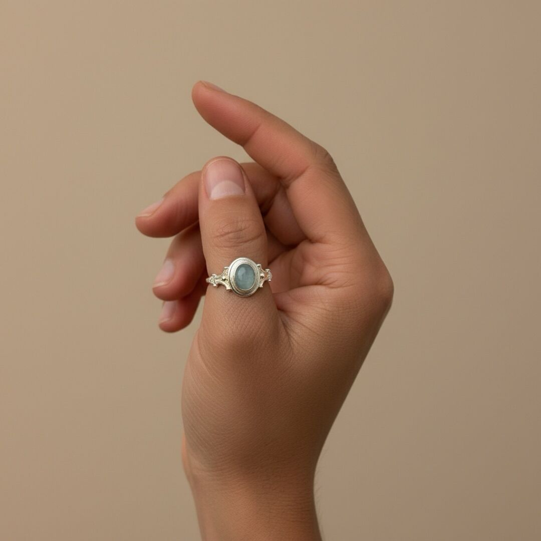 Doğal Akuamarin Taşlı Gümüş Yüzük