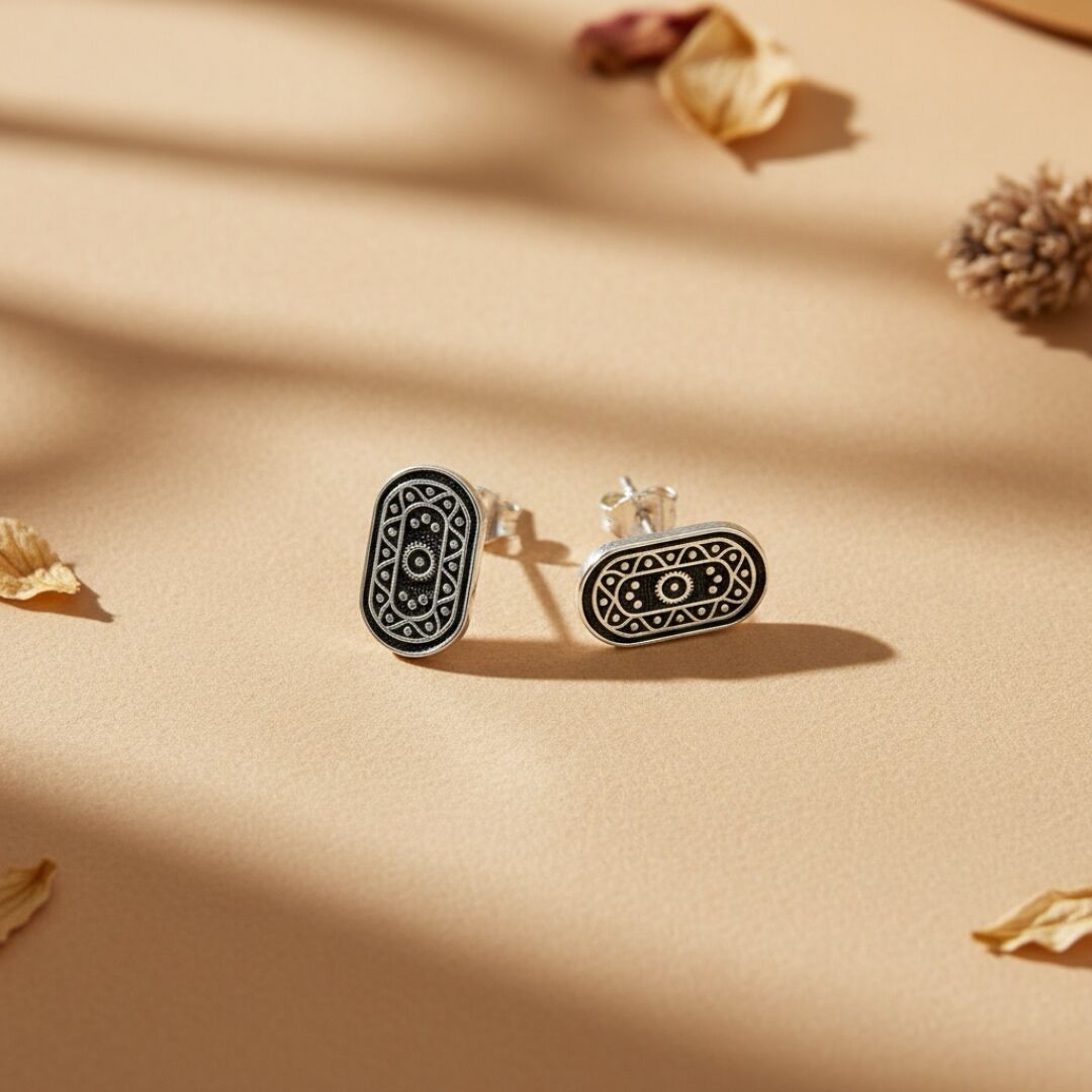 Oval Anadolu Motifli  Midyat Hasırı Gümüş Küpe