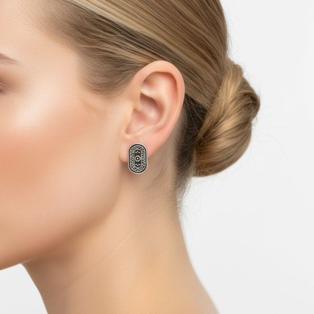 Oval Anadolu Motifli  Midyat Hasırı Gümüş Küpe