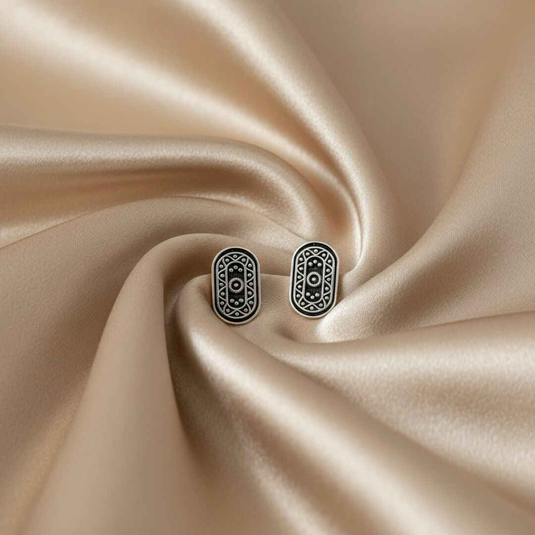 Oval Anadolu Motifli  Midyat Hasırı Gümüş Küpe