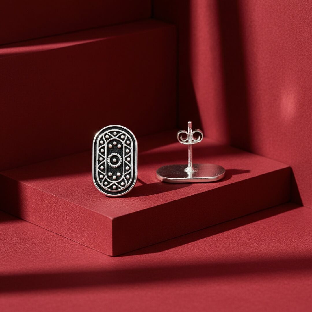 Oval Anadolu Motifli  Midyat Hasırı Gümüş Küpe